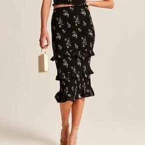 Abercrombie & Fitch Black Floral Smocked Midi Skirt Ruffle Pencil Skirt Size S